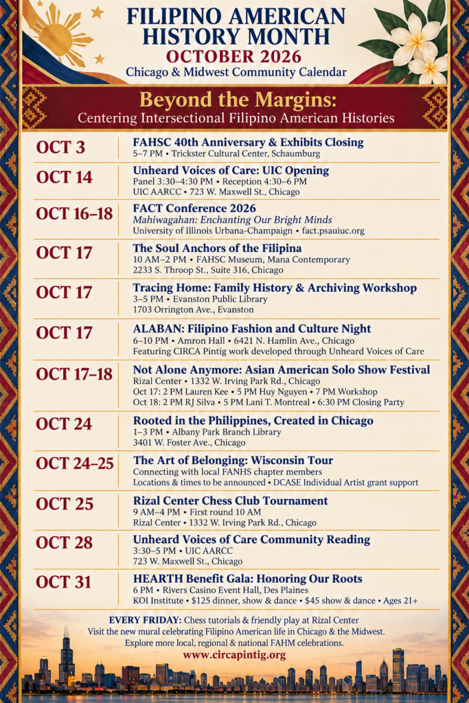 Filipino American History Month, October 2026, Chicago & Midwest Community Calendar poster.